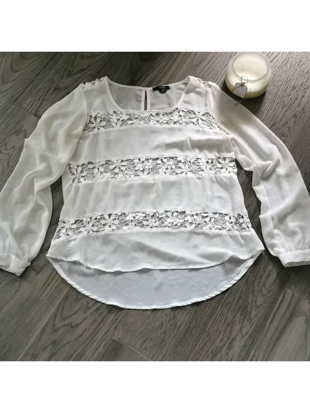 ISSI sheer and crochet lace long sleeve blouse. White, size Medium